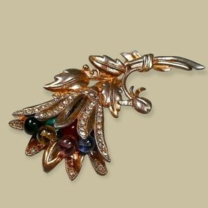 Vintage Art Deco 1920's Floral Glass Bead Brooch Gold Tone Metal Finish